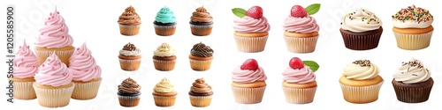 Food isolated collection. Colorful assortment of cupcakes topped with various frostings and decorations, showcasing a delightful dessert display.