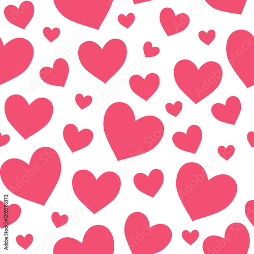 seamless pattern features various sizes of pink hearts scattered on a white background, creating a romantic and cheerful design perfect for Valentine's Day or love-themed