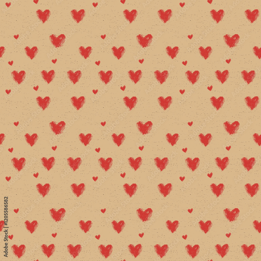 Seamless repeat pattern with small hand drawn doodle red hearts on kraft paper brown background. Valentines backdrop, packaging, wrapping paper Seamless repeat pattern with small hand drawn doodle red hearts on kraft paper brown background. Valentines backdrop, packaging, wrapping paper