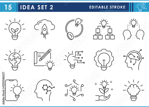 A set of line icons related to Idea. Idea, logic, reasoning, technology, brain, sharp, growth, logical, startup, brilliant, and so on. Vector editable stroke.