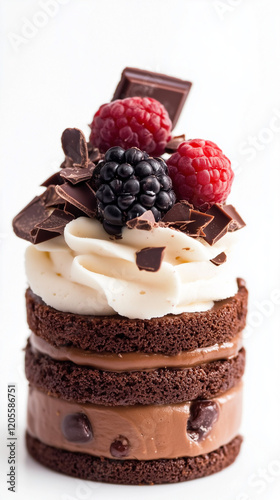 A miniature chocolate cake with cream and berries, isolated on a white background