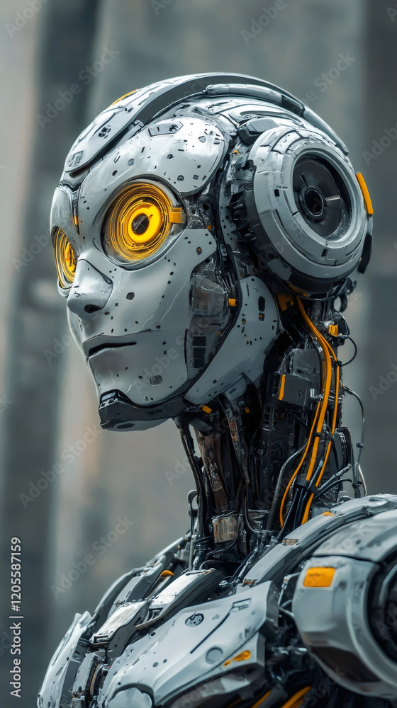 Futuristic humanoid robot revealing glowing yellow optical sensors, intricate mechanical components set against softened technological backdrop Futuristic humanoid robot revealing glowing yellow optical sensors, intricate mechanical components set against softened technological backdrop