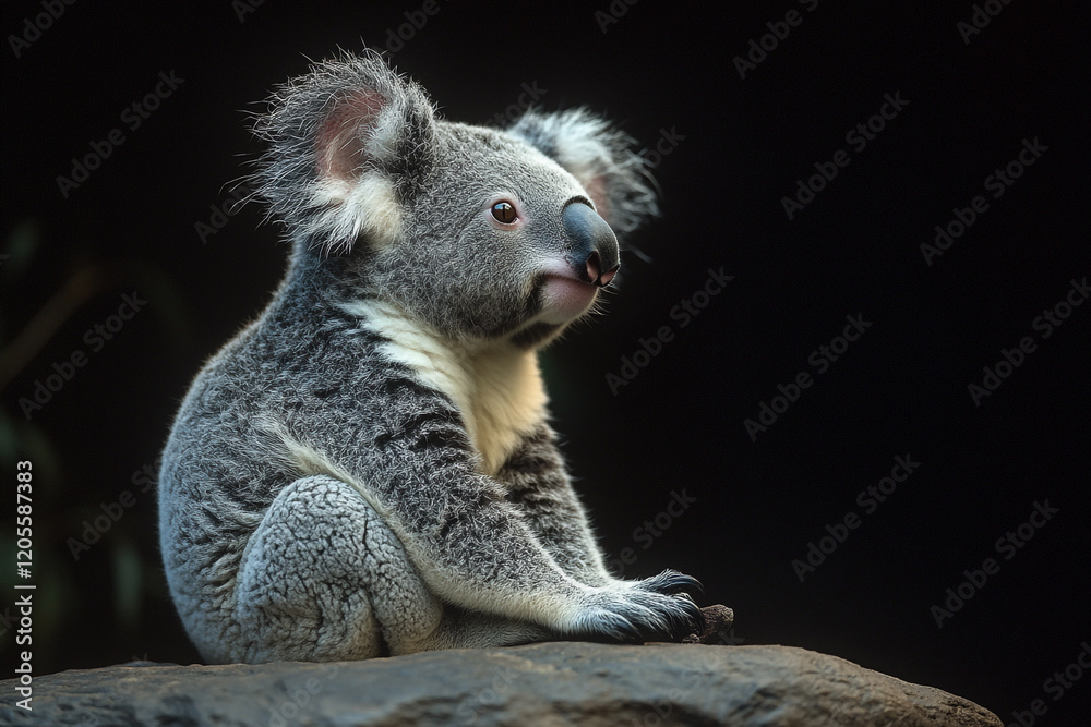 Obraz premium Adorable Koala Bear Sitting On A Rock Against A Dark Background