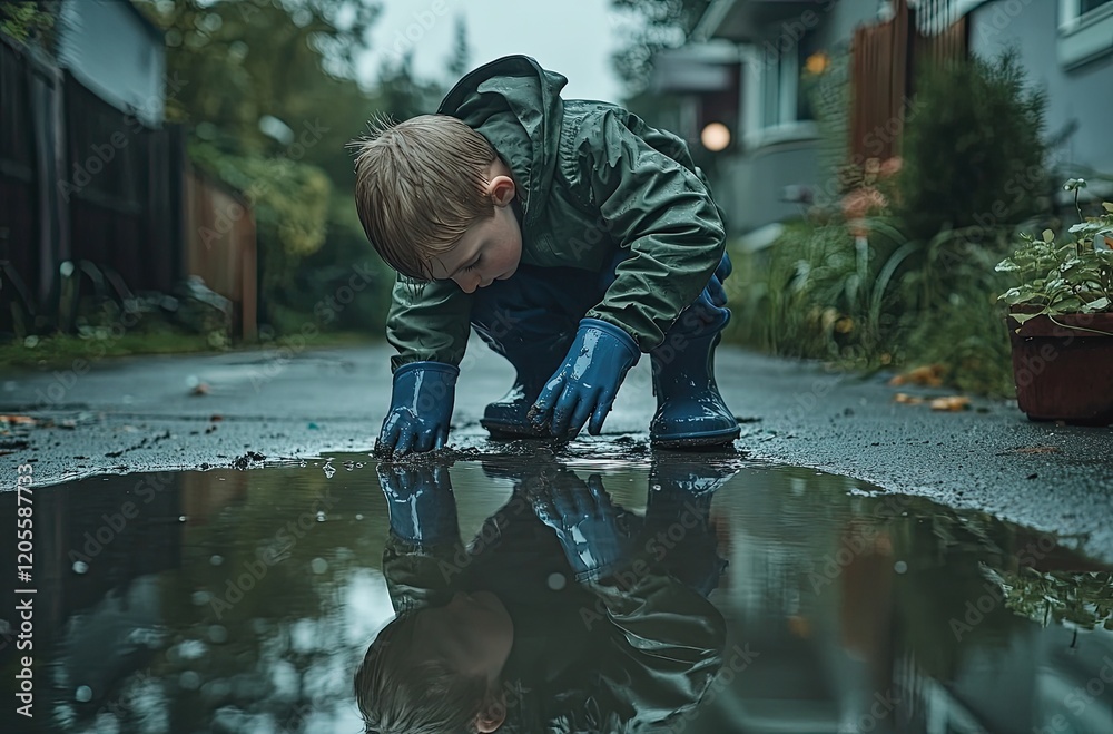 A young boy wearing blue rain boots and a green jacket is playing in a puddle on his street A young boy wearing blue rain boots and a green jacket is playing in a puddle on his street
