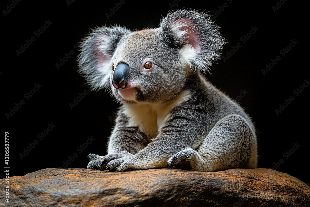 Naklejka premium Adorable Koala Joey Sitting on a Rock Against Black Background
