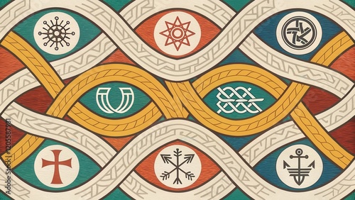 Celtic Knot Symbols Interwoven in Orange and Teal Pattern photo