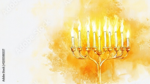 A beautifully crafted menorah stands tall with nine lit candles, casting a warm glow against an orange backdrop, celebrating the festive spirit of Hanukkah photo