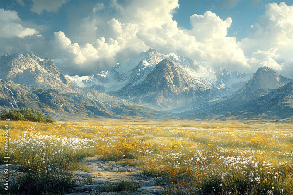 Fototapeta premium Majestic snow capped mountains overlook a vibrant wildflower meadow