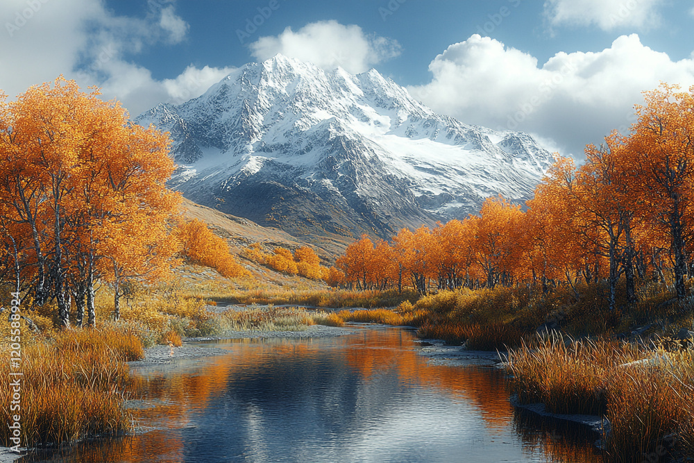 Obraz premium Autumnal Stream Reflecting Snowy Mountain Peak