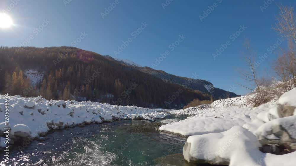 Dynamic aerial drone view following the winding path of a river through a scenic landscape. Perfect for nature, travel, and environmental projects. Dynamic aerial drone view following the winding path of a river through a scenic landscape. Perfect for nature, travel, and environmental projects.