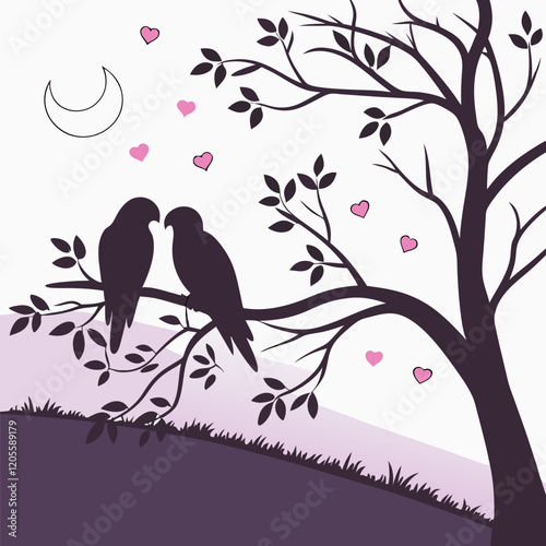 A silhouette of lovebirds on a tree branch surrounded by tiny hearts