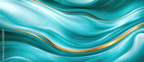 Fluid turquoise waves with golden accents create a vibrant and elegant abstract design.