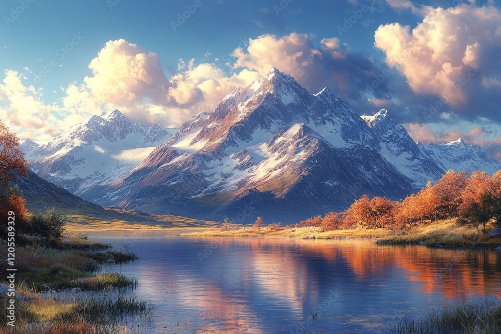 Fototapeta premium Majestic snow capped mountains reflecting in autumn lake