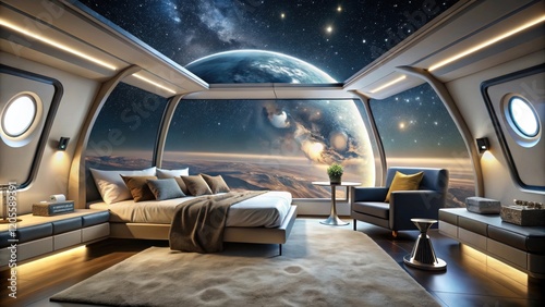 Fototapeta Naklejka Na Ścianę i Meble -  Futuristic Spacecraft Cabin Interior A Luxurious Bedroom with Breathtaking Celestial Views from Expansive Windows