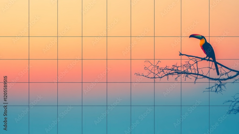 Fototapeta premium Colorful Toucan on Bare Branch at Sunset Serene Nature Scene Tropical Bird