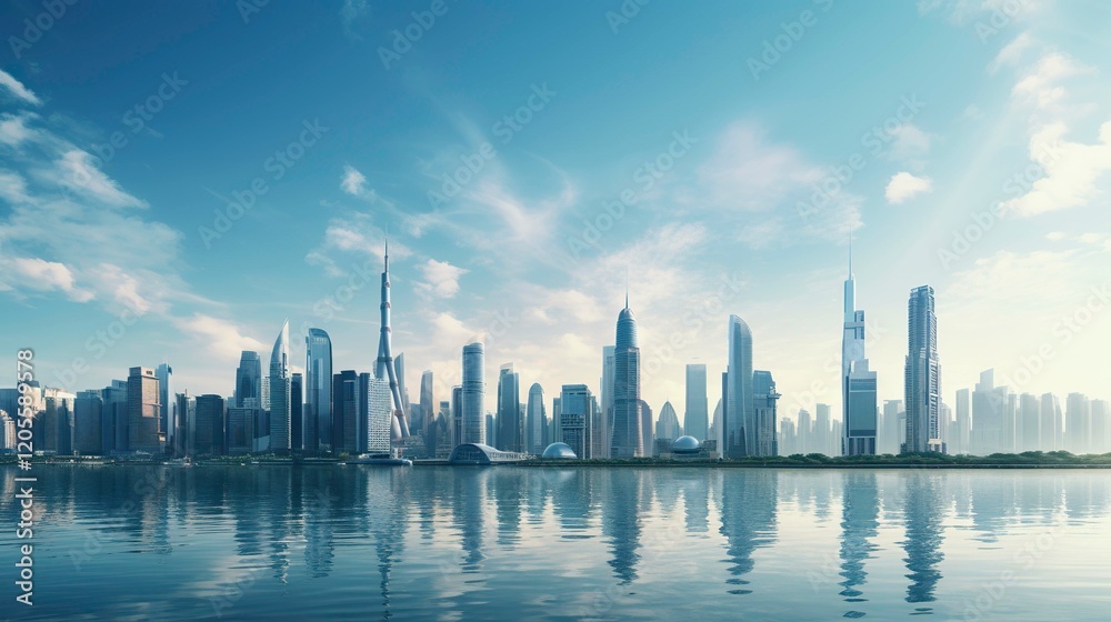A photo of a city skyline with architectural landmark A photo of a city skyline with architectural landmark