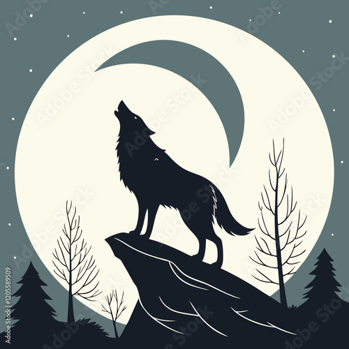 A lone wolf howling at a crescent moon