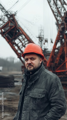 Man Wearing Orange Hard Hat Stands Before Industrial Machinery on Overcast Day
