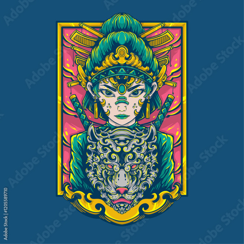 woman tribe with swords crown and tiger face