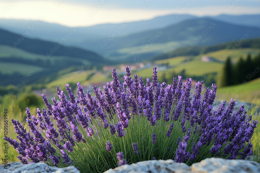 Obraz premium Lavender Blooms Against Mountainous Landscape