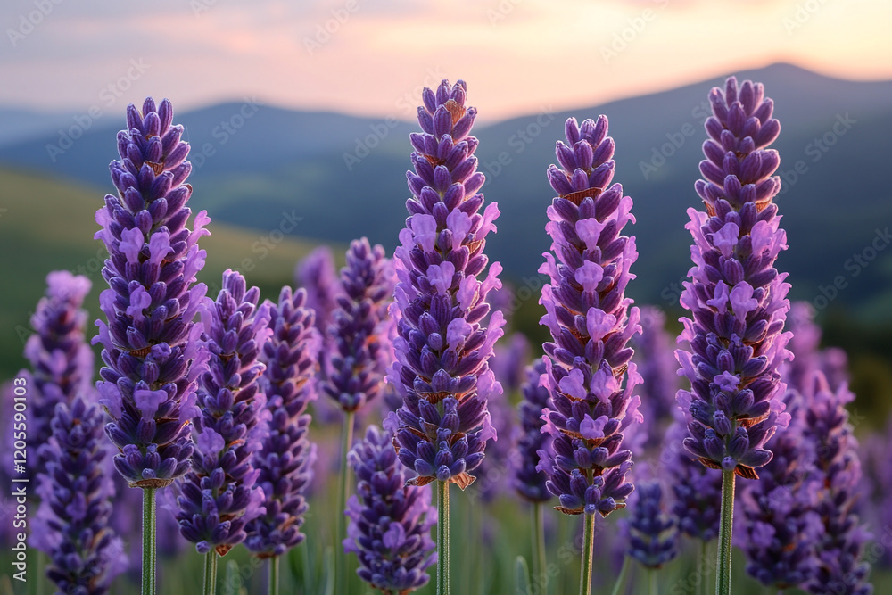 Obraz premium Lavender Flowers Blooming at Sunset in Mountains