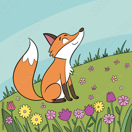 A fox sitting in a field of flowers