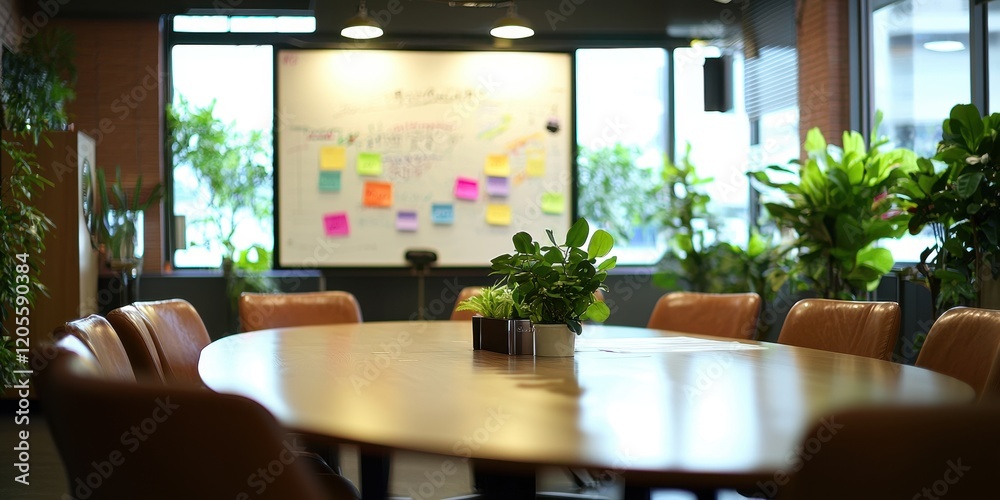 Minimalist Office with Conference Table and Sticky Notes