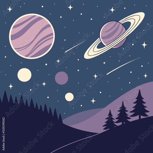 A celestial landscape with stars and planets