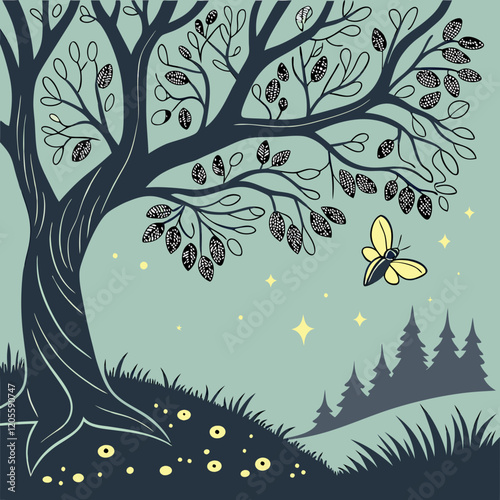 A scene of fireflies around a glowing tree