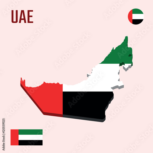 3D United Arab Emirates map with flag, Three dimensional map of UAE with shadow