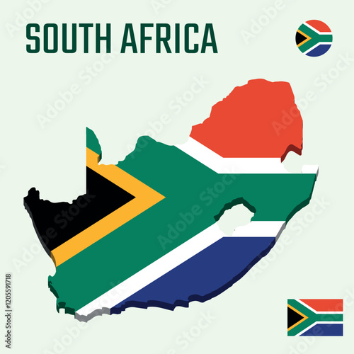 3D South Africa map with flag, Three dimensional map of South Africa with shadow