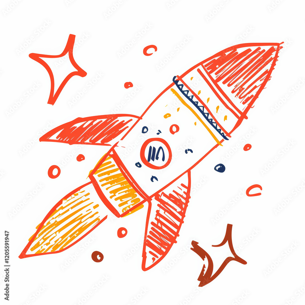 colorful child drawing of rocket flying through space, full of imagination colorful child drawing of rocket flying through space, full of imagination