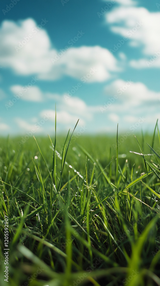 Fototapeta premium Dewy emerald grass shimmering beneath overcast sky, catching soft sunlight filtering through wispy clouds