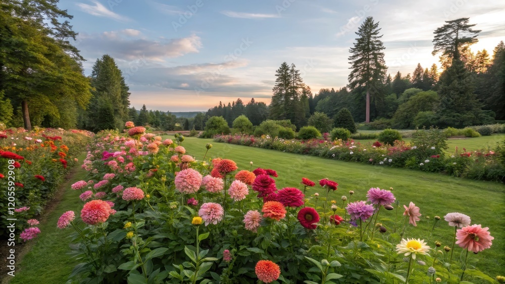Obraz premium Colorful Dahlias Blooming in Sunset Garden with Evergreen Trees