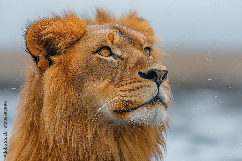 Obraz premium Majestic Lion in Winter Snow Lightly Dusting its Mane