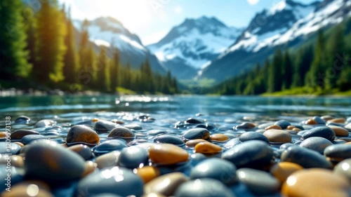 River Pebbles with Snowy Peaks