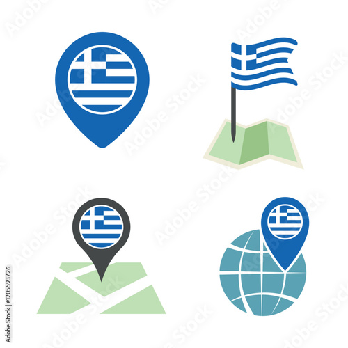 Greece flag map pointer set, national flag of Greece symbols