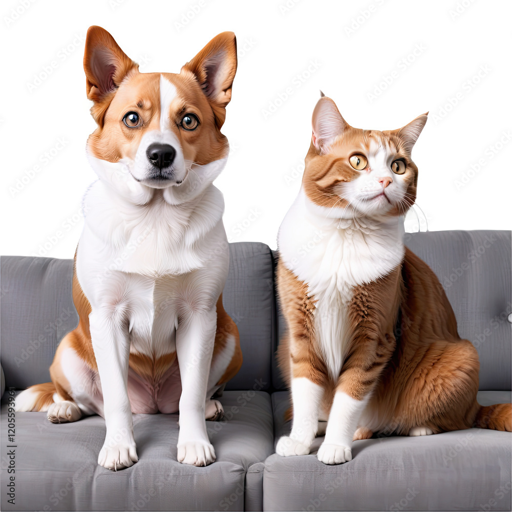 A cute dog and cat sitting together on a couch, showing a heartwarming moment of friendship between pets A cute dog and cat sitting together on a couch, showing a heartwarming moment of friendship between pets