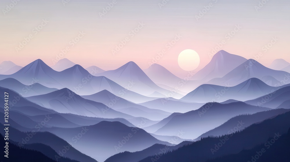 Serene Mountain Range at Sunrise with Hazy Peaks