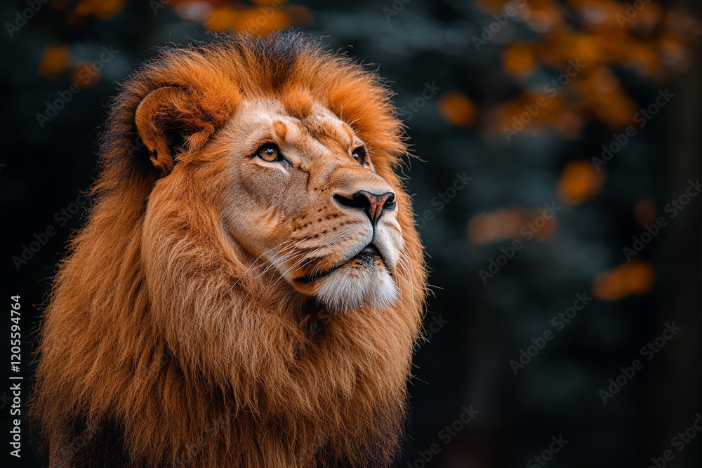 Majestic Male Lion Gazing Upwards In Autumnal Setting