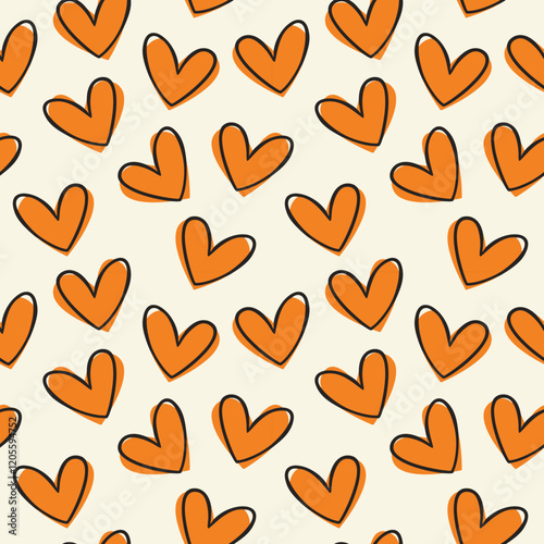 seamless pattern features hand-drawn orange hearts on a light background, creating a cute and romantic design perfect for Valentine's Day or love-themed