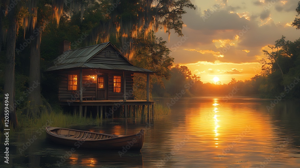 Fototapeta premium Sunset swamp cabin riverboat tranquility landscape