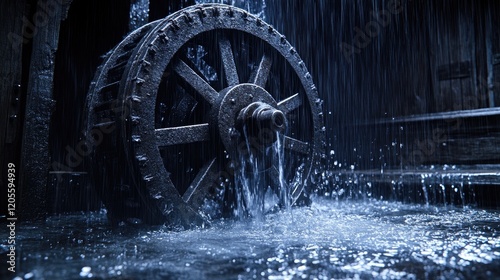 Old Water Wheel Turning Under Heavy Rain