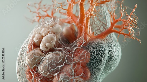 Close-up of a delicate web-like structure with round, fleshy growths and a bright orange branch-like element photo