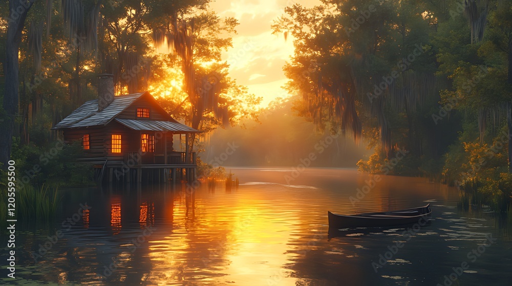 Fototapeta premium Sunrise Bayou Cabin, Misty River, Peaceful Swamp, Travel Poster