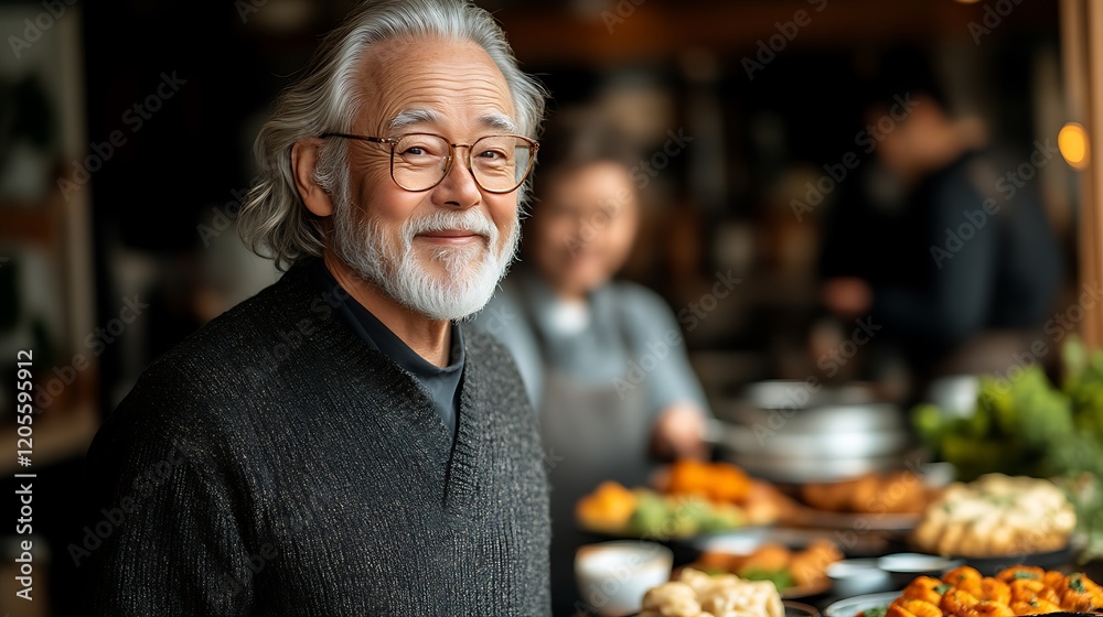 Smiling Elderly Man with Glasses in Restaurant Setting Smiling Elderly Man with Glasses in Restaurant Setting