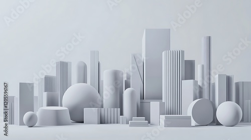 Abstract Geometric Cityscape with White Cylinders, Cubes, and Spheres