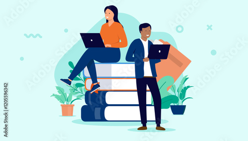 Students and education - Diverse man and woman studying and doing school work with computers and books while smiling. Flat design vector illustration