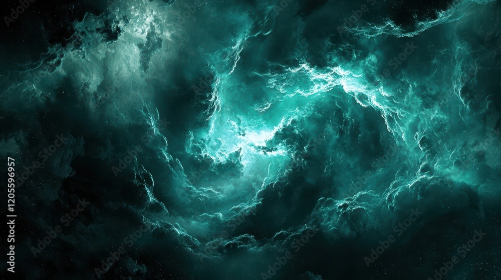 Fototapeta premium Teal and Dark-Green Swirling Clouds Create Stormy Cosmic Nebula Effect