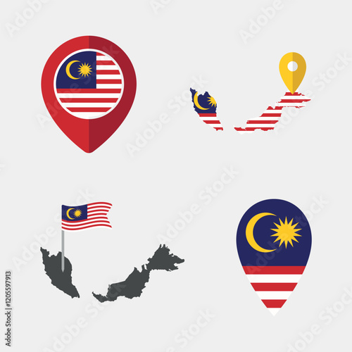 Malaysia map pointer icon set, symbols of the flag of Malaysia